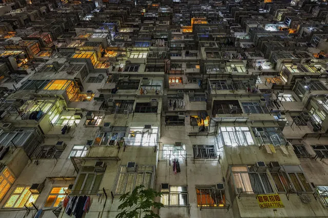 Colorful block of apartments in Hong Kong at night. (Photo by Peter Stewart/Caters News)