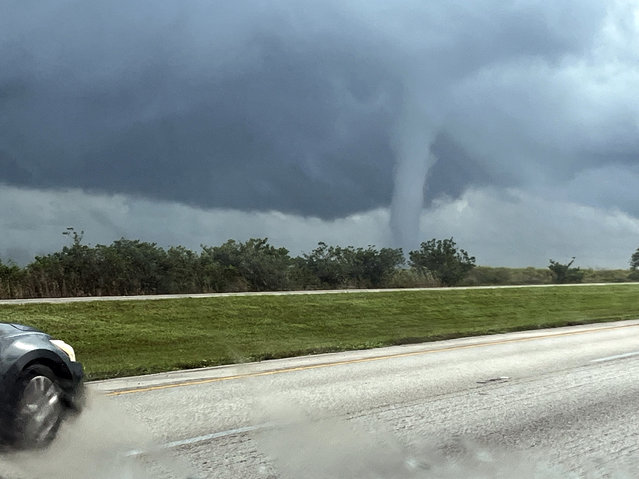 Check out this tornado spotted in Broward County, Florida on October 9, 2024, as Hurricane Milton closes in on the sunshine state. Florida Dept of Transport posted these striking images showing the menacing weather system forming some 252 miles away from Tampa, where the hurricane is expected to hit overnight. (Photo by FloridaDOT/The Mega Agency)