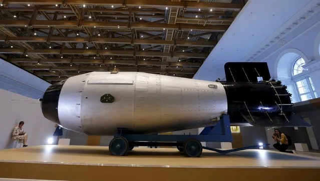 Shell, which is the replica of the biggest detonated Soviet nuclear bomb AN-602 (Tsar-Bomb), is on display in Moscow, Russia, August 31, 2015. (Photo by Maxim Zmeyev/Reuters)