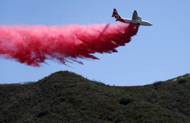 A plane drops fire retardant on an unburned ridge in advance of flames as a wildfire fire burns in Placerita Canyon in Santa Clarita, Calif., Monday, July 25, 2016. (Photo by Nick Ut/AP Photo)