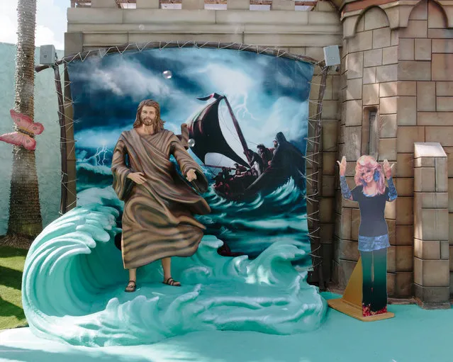 Jesus walking on water next to a cutout of Jan Crouch, founder of TBN. (Photo by Daniel Cronin)