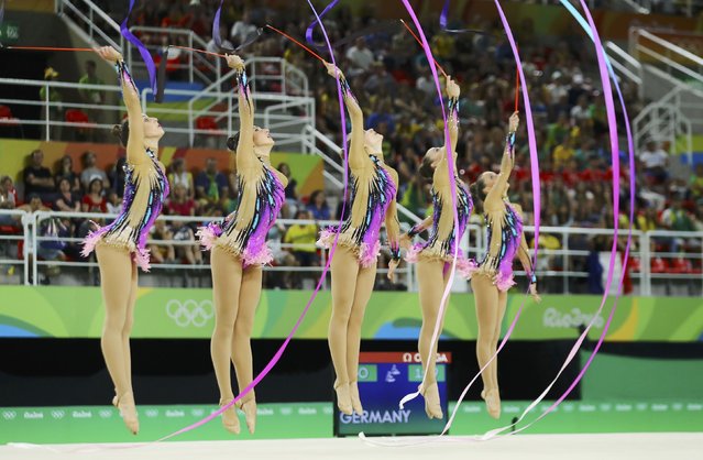 2016 Rio Olympics, Rhythmic Gymnastics, Preliminary, Group All-Around Qualification, Rotation 1, Rio Olympic Arena, Rio de Janeiro, Brazil on August 20, 2016. Team Germany (GER) compete using ribbons. (Photo by Mike Blake/Reuters)