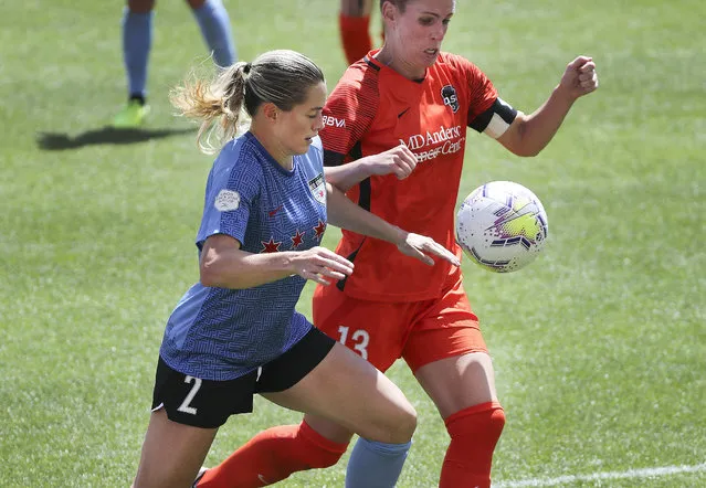 Former Alta Hawk and BYU Cougar and Chicago Red Stars forward Kealia Watt (2) competes with Houston Dash midfielder Sophie Schmidt (13)   in the NWSL Challenge Cup at Rio Tinto Stadium in Sandy on Sunday, July 26, 2020. The Houston Dash won the championship. (Photo by Jeffrey D. Allred/Deseret News)