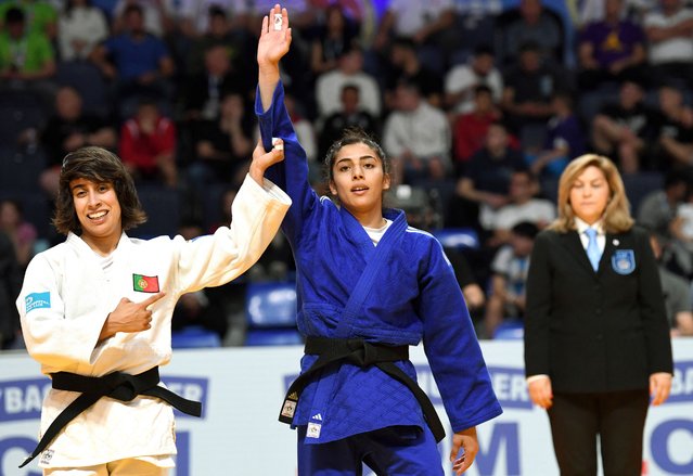 France's Shirine Boukli (Blue) and Portugal's Catarina Costa react in the women's -48kg final, at the Judo European Championships in Podgorica, Montenegro, on April 23, 2025. (Photo by Savo Prelevic/AFP Photo)
