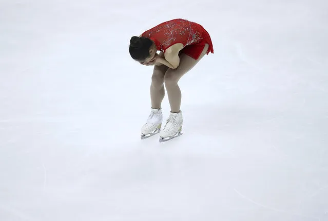 Mirai Nagasu reacts after her performance during the women's free skate event at the U.S. Figure Skating Championships in San Jose, Calif., Friday, January 5, 2018. (Photo by Ben Margot/AP Photo)