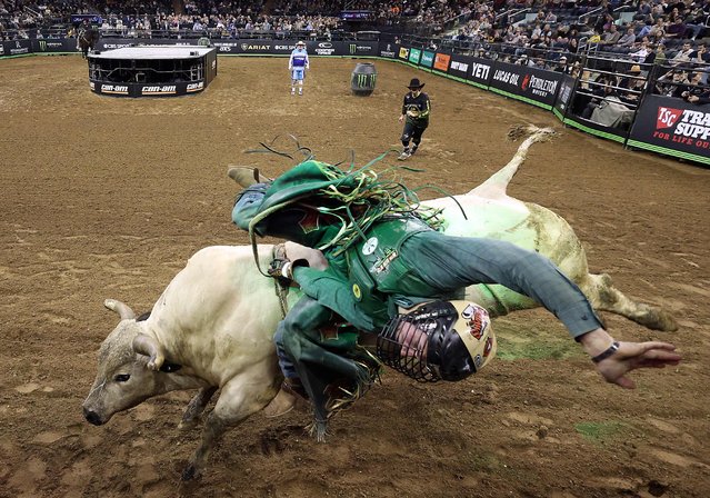 Koltin Hevalow is thrown during the PBR Unleash The Beast event at Madison Square Garden on January 07, 2023 in New York City. (Photo by Jamie Squire/Getty Images/AFP Photo)