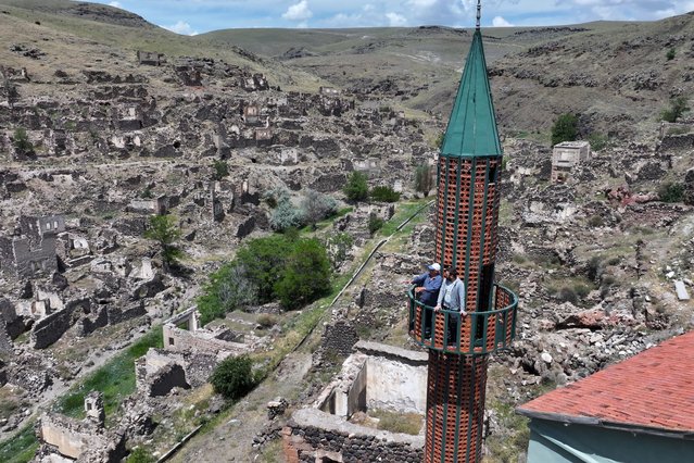 A view of the minaret, which remains standing, visible from Yuvali, a village that was relocated 40 years ago due to flooding, in Kayseri, Turkiye, on May 31, 2025. (Photo by Sercan Kucuksahin/Anadolu via Getty Images)