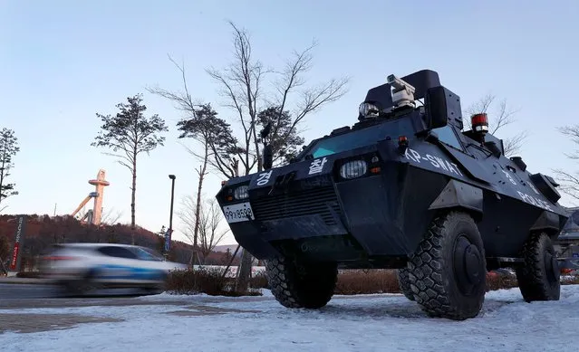 An armoured South Korean police vehicle stands next to the entrance of the International Broadcasting Centre in Pyeongchang, South Korea on February 6, 2018. (Photo by Kai Pfaffenbach/Reuters)