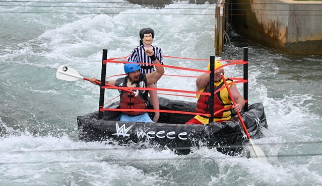 Participants attend to race the annual Build Your Own Boat BYOB competition at the US National Whitewater Center in Charlotte NC, United States on October 11, 2025. (Photo by Peter Zay/Anadolu via Getty Images)