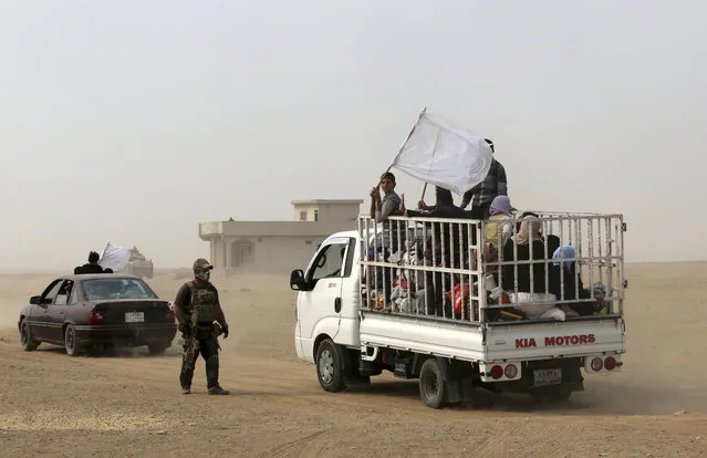 A member of Iraq's elite counterterrorism forces watches a truck carrying fleeing civilians drive off, as Iraq's elite counterterrorism forces fight against Islamic State militants, in the village of Tob Zawa, about 9 kilometers (5.6 miles) from Mosul, Iraq, Tuesday, October 25, 2016. (Photo by Khalid Mohammed/AP Photo)