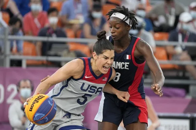United States' Kelsey Plum (5) heads to the basket past France's Mamignan Toure during a women's 3-on-3 semifinal basketball game at the 2020 Summer Olympics, Wednesday, July 28, 2021, in Tokyo, Japan. (Photo by Jeff Roberson/AP Photo)