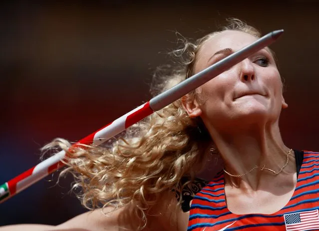 USA's Maggie Malone competes in the women's javelin throw qualification during the Tokyo 2020 Olympic Games at the Olympic Stadium in Tokyo on August 3, 2021. (Photo by Kai Pfaffenbach/Reuters)