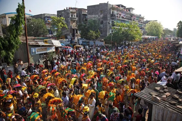 Indian Tamil Hindu devotees participate in a religious procession during Panguni Uthiram festival in Ahmadabad, India, Friday, April 3, 2015. The festival is observed in the Tamil month of Panguni and is celebrated in honor of the Hindu God Murugan where devotees make offerings to lord Murugan with sacrificial feats they believe will keep them away from evil spirits. (Photo by Ajit Solanki/AP Photo)