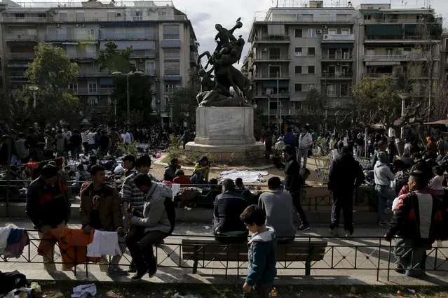 Stranded refugees and migrants, most of them Afghans, are seen on Victoria Square in Athens, Greece, March 3, 2016. (Photo by Alkis Konstantinidis/Reuters)