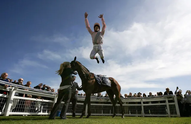 Frankie Dettori celebrates after riding So Mi Dar to win The Investec Derby Trial at Epsom racecourse on April 20, 2016 in Epsom, England. (Photo by Alan Crowhurst/Getty Images)