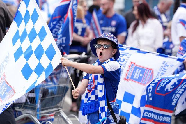 An Ipswich Town fan ahead of an open-top bus parade in Ipswich, UK to celebrate promotion to the Premier League on Monday, May 6, 2024. (Photo by Gareth Fuller/PA Images via Getty Images)