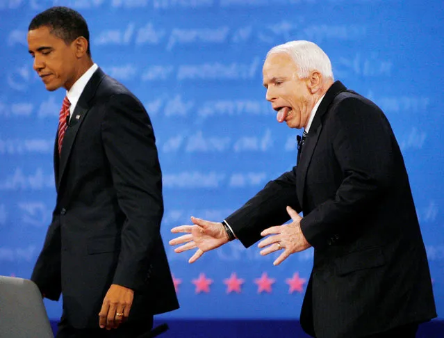 US Republican presidential nominee Senator John McCain (R-AZ) reacts to almost heading the wrong way off the stage after shaking hands with Democratic presidential nominee Senator Barack Obama (D-IL) at the conclusion of their final 2008 presidential debate at Hofstra University in Hempstead, New York, U.S., October 15, 2008. (Photo by Jim Bourg/Reuters/File Photo)