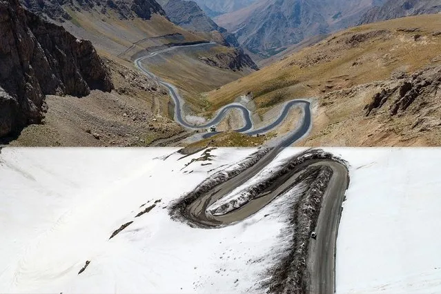 Drone photos show changing seasons in single photo with the combination of winter view with snowy view of winding road linking Bahcesaray district to the city center and its summer view in Van province of Turkey in 2019. (Photo by Ozkan Bilgin/Anadolu Agency/Getty Images)