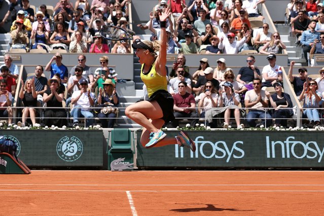 Germany's Laura Siegemund, playing with France's Edouard Roger-Vasselin, celebrates after winning against US Desirae Krawczyk and Britain's Neal Skupski at the end of their mixed doubles final match on Court Philippe-Chatrier on day twelve of the French Open tennis tournament at the Roland Garros Complex in Paris on June 6, 2024. (Photo by Alain Jocard/AFP Photo)