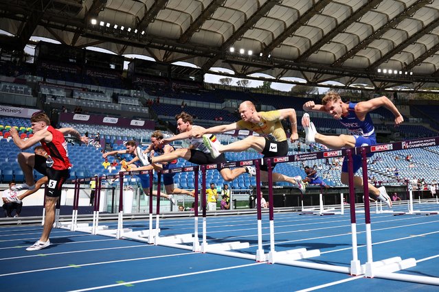 France's Kevin Mayer competes in the men's decathlon 110m hurdles heat during the European Athletics Championships at the Olympic stadium in Rome on June 11, 2024. (Photo by Anne-Christine Poujoulat/AFP Photo)