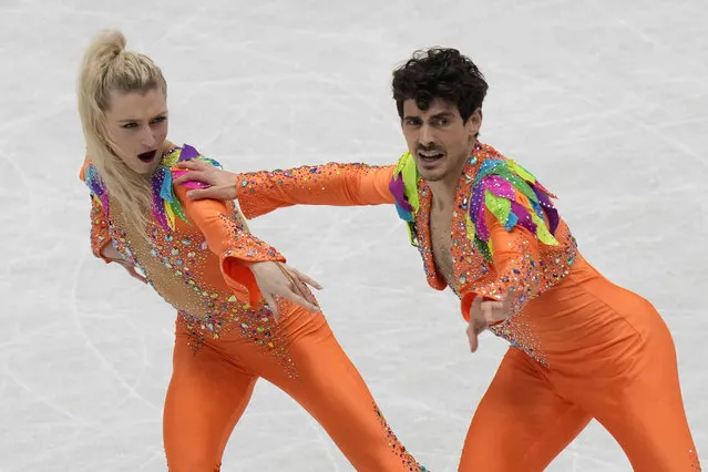Piper Gilles and Paul Poirier, of Canada, perform in the rhythm dance program at the Figure Skating World Championships in Montpellier, south of France, Friday, March 25, 2022. (Photo by Francisco Seco/AP Photo)