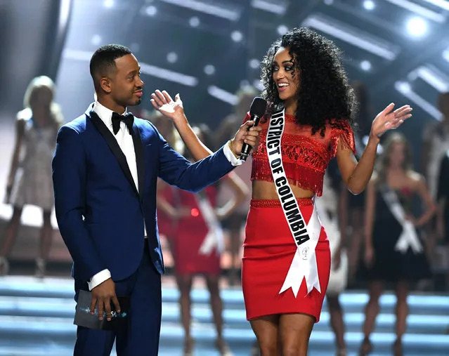 Co-host Terrence J (L) talks with Miss District of Columbia USA 2017 Kara McCullough after she was named a top 10 finalist during the 2017 Miss USA pageant at the Mandalay Bay Events Center on May 14, 2017 in Las Vegas, Nevada. She went on to be named the new Miss USA. (Photo by Ethan Miller/Getty Images)