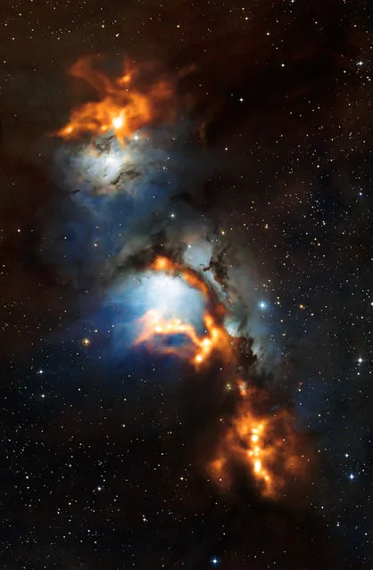 This image of the region surrounding the reflection nebula Messier 78, just north of Orion’s belt, shows clouds of cosmic dust threaded through the nebula like a string of pearls