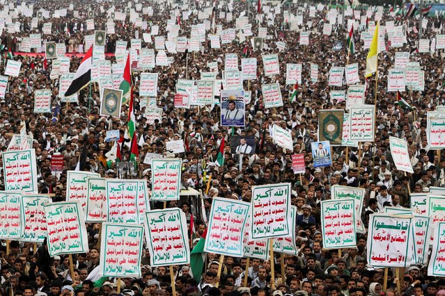 Protesters, mainly Houthi supporters, rally to show solidarity with Palestinians in the Gaza Strip, in Sanaa, Yemen on July 19, 2024. (Photo by Khaled Abdullah/Reuters)