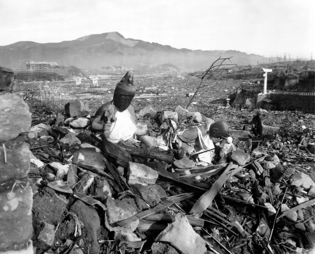Photograph of a destroyed Nagasaki Temple after the atomic bombing of Hiroshima and Nagasaki. Dated 1945. (Photo by Universal History Archive/UIG via Getty Images)