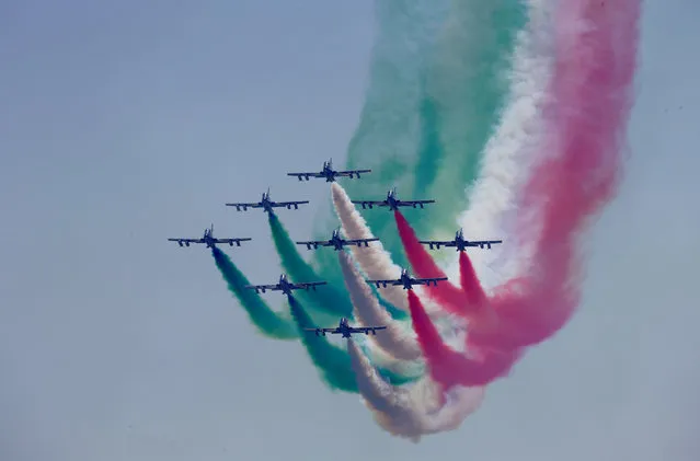 The Frecce Tricolori acrobatic squad fly over the track prior to the Italian Formula One Grand Prix, at the Monza racetrack, Italy, Sunday, September 3, 2017. (Photo by Max Rossi/Reuters)