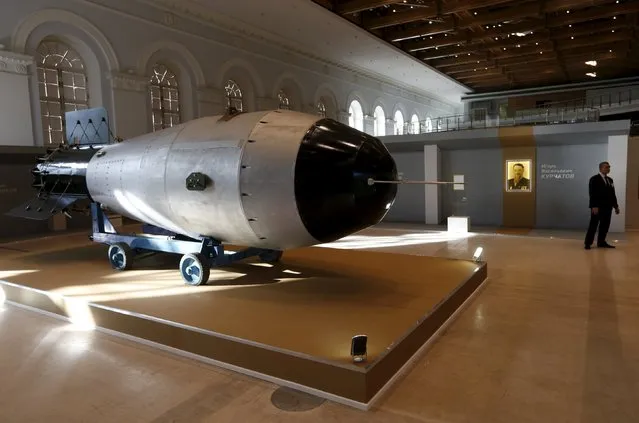 Shell, which is the replica of the biggest detonated Soviet nuclear bomb AN-602 (Tsar-Bomb), is on display in Moscow, Russia, August 31, 2015. (Photo by Maxim Zmeyev/Reuters)