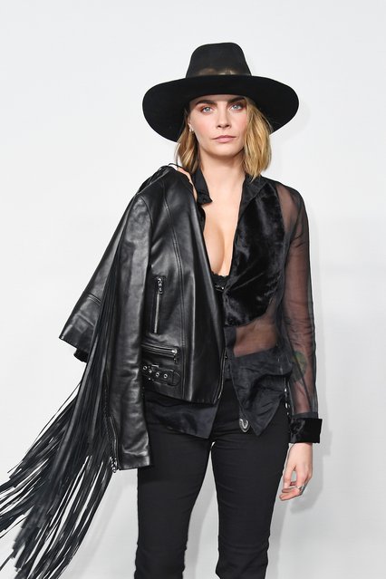 English model and actress Cara Delevingne attends the Ralph Lauren SS24 runway show during New York Fashion Week September 2023 at the Brooklyn Navy Yard on September 8, 2023 in Brooklyn, New York. (Photo by Jed Cullen/Dave Benett/Getty Images)