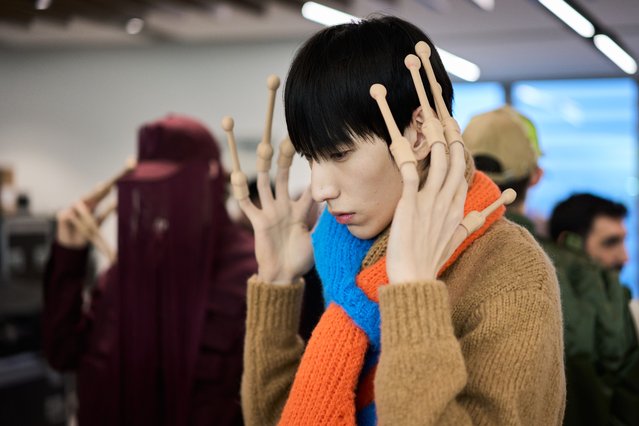 A model poses backstage prior to the Walter Van Beirendonck Menswear Fall-Winter 2025/2026 show as part of Paris Fashion Week on January 22, 2025 in Paris, France. (Photo by Francois Durand/Getty Images)