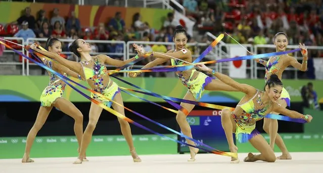 2016 Rio Olympics, Rhythmic Gymnastics, Preliminary, Group All-Around Qualification, Rotation 1, Rio Olympic Arena, Rio de Janeiro, Brazil on August 20, 2016. Team Japan (JPN) compete using ribbons. (Photo by Mike Blake/Reuters)