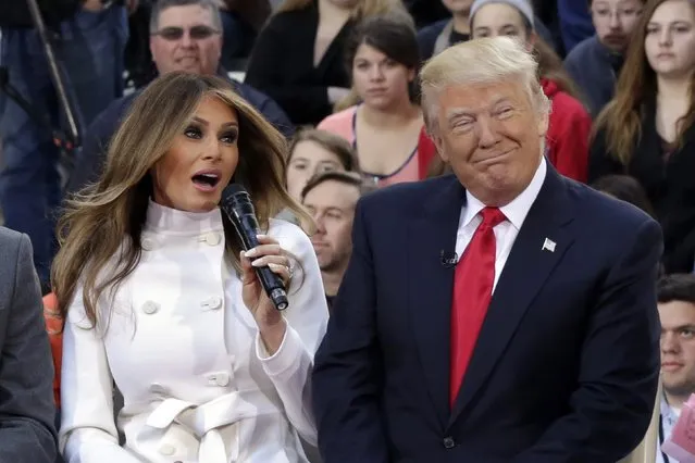 This is a Thursday, April 21, 2016 file photo of Republican presidential candidate Donald Trump and his wife Melania Trump, appear on the NBC “Today” television program, in New York . The Daily Mail newspaper Friday September 2, 2016 has retracted a story about Melania Trump after her lawyers filed a lawsuit in the United States accusing the newspaper and a Maryland blogger of publishing false statements about her alleged involvement with an escort agency. (Photo by Richard Drew/AP Photo)