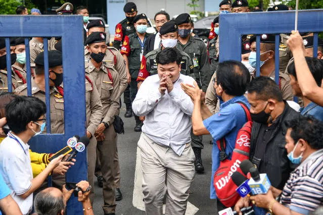 The Thai courts released Parit Chiwarak – know as Penguin – the student protest leader at Criminal Court in Bangkok on August 15, 2020 after he was arrested yesterday on charges of sedition and inciting public unrest. (Photo by Vichan Poti/Pacific Press/LightRocket via Getty Images)