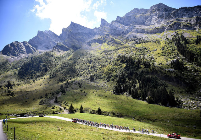 The pack of riders climb during the fourth stage of the 72nd edition of the Criterium du Dauphine cycling race, 153 km between Ugine and Megeve on August 15, 2020. (Photo by Anne-Christine Poujoulat/AFP Photo)