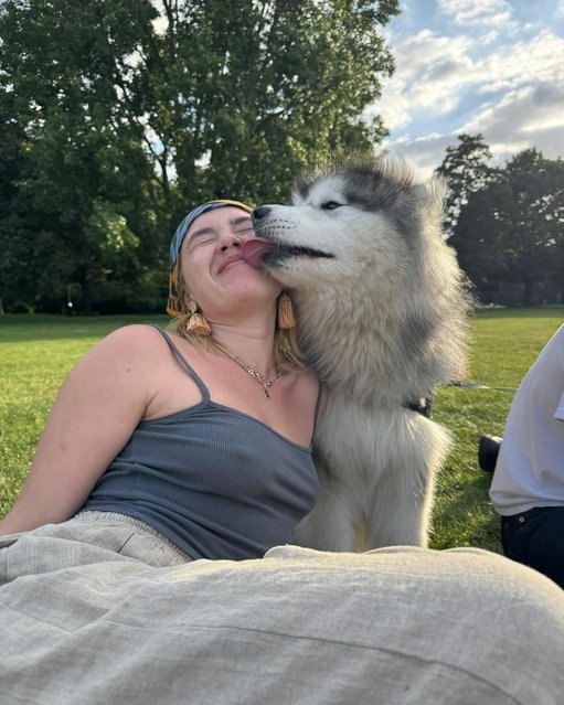 English actress Florence Pugh on May 21, 2025 gets a kiss. (Photo by florencepugh/Instagram)