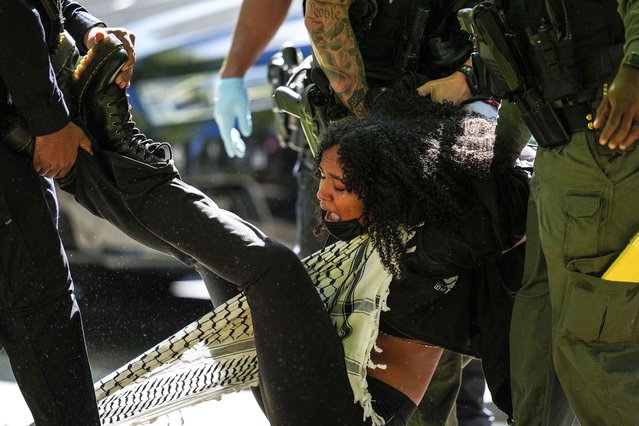 Authorities detain a protester on the campus of Emory University during a pro-Palestinian demonstration, in Atlanta, Georgia, April 25, 2024. (Photo by Mike Stewart/AP Photo)