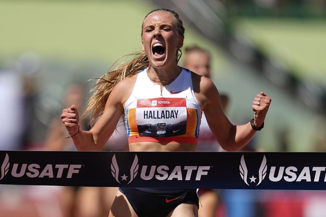 Lexy Halladay-Lowry wins women's 3,000-meter steeplechase final at the U.S. Championships athletics meet in Eugene, Ore., Saturday, August 2, 2025. (Photo by Abbie Parr/AP Photo)