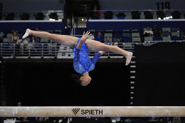 Hezly Rivera of WOGA competes on the balance beam during the senior women's finals of the U.S. Gymnastics Championships in New Orleans, Sunday, August 10, 2025. (Photo by Gerald Herbert/AP Photo)
