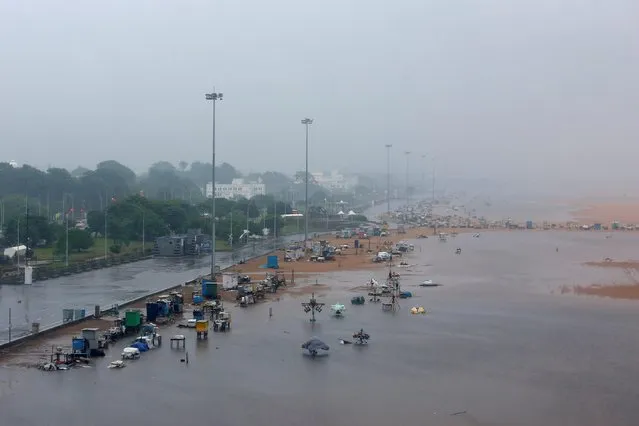 A deserted Marina beach is seen during rains before Cyclone Nivar's landfall, in Chennai, India, November 25, 2020. (Photo by P. Ravikumar/Reuters)