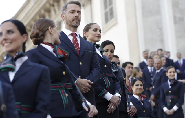 Italian fashion designer Alberta Ferretti, not in picture, presents the new Alitalia's uniforms in Milan, Italy, in front of the Duomo Square, Friday, June 15, 2018. (Photo by Luca Bruno/AP Photo)