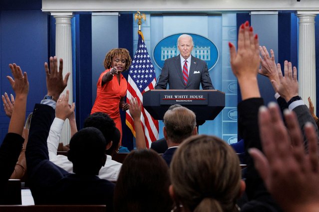 U.S. President Joe Biden takes a question during a daily press briefing with Press Secretary Karine Jean-Pierre at The White House in Washington, on October 4, 2024. (Photo by Tom Brenner/Reuters)