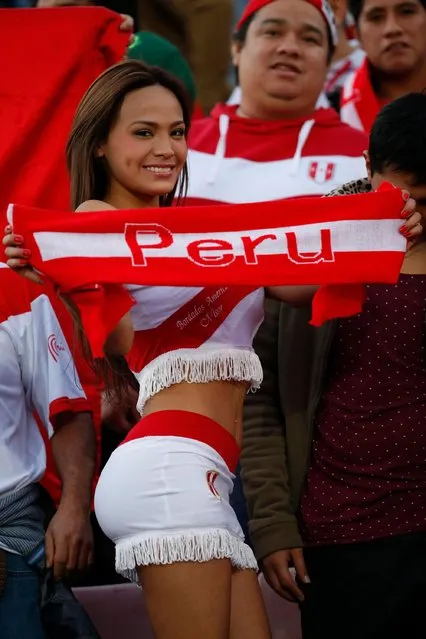 Model Nissu Cauti, fan of Peru, enjoys the atmosphere prior the 2015 Copa America Chile quarter final match between Peru and Bolivia at German Becker Stadium on June 25, 2015 in Temuco, Chile. (Photo by Hector Vivas/LatinContent/Getty Images)
