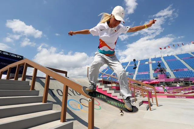 Aori Nishimura of Team Japan practices on the skateboard street course at the Ariake Urban Sports Park on July 24, 2021 in Tokyo, Japan. (Photo by Lucy Nicholson/Reuters)