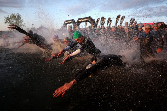 Pro series Men start the swim of the 2024 Intermountain Health IRONMAN 70.3 North American Championship on May 04, 2024 in St George, Utah. (Photo by Ezra Shaw/Getty Images for IRONMAN)