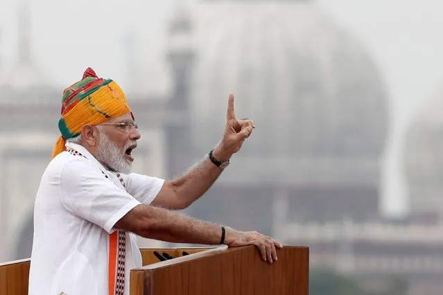 Indian Prime Minister Narendra Modi addresses the nation during Independence Day celebrations at the historic Red Fort in Delhi, India, August 15, 2019. (Photo by Adnan Abidi/Reuters)