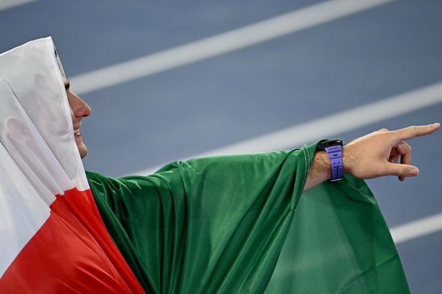Italy's Leonardo Fabbri celebrates winning the men's shot put final during the European Athletics Championships at the Olympic stadium in Rome on June 8, 2024. (Photo by Filippo Monteforte/AFP Photo)