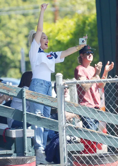 American singer-songwriter Gwen Stefani screams  louder than anyone in the stands after Zuma got a base hit and made it all the way home to score at his baseball game in Los Angeles on Saturday, March 5, 2022. Zuma's team won the game. Blake Shelton didn't attend the game  nor did Zuma's Dad Gavin Rossdale who is on tour in Australia with his band Bush. Gwen just came out with her new makeup line called GXVE by Gwen Stefani. (Photo by GAC/The Mega Agency)